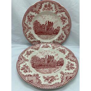 Set of 2 Johnson Bros Old Britain Castles 10" Dinner Plates Blarney Castle Red